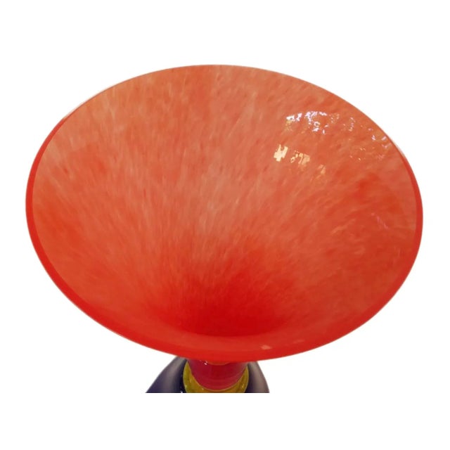 Monumental, Signed, Hand Blown, Orange, Blue, Yellow and White weighted base Art Glass Vase by B.A.G (Bohemia Art Glass)...