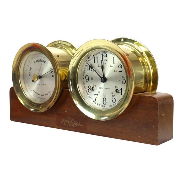 Seth Thomas Clock Company Seth Thomas Corsair Model E537-010 Brass & Mahogany Ship’s Clock Set C1968 For Sale - Image 4 of 10
