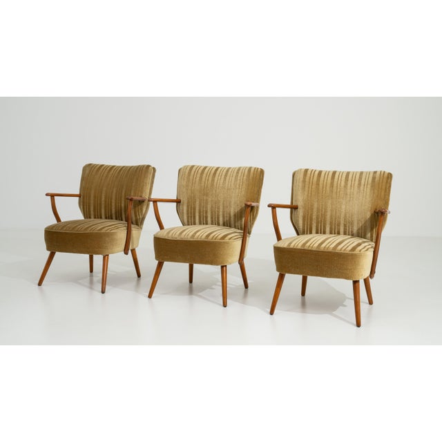 Mid 20th Century Set of Three Mid-Century Modern Upholstered Armchairs Gold Bronze For Sale - Image 5 of 13