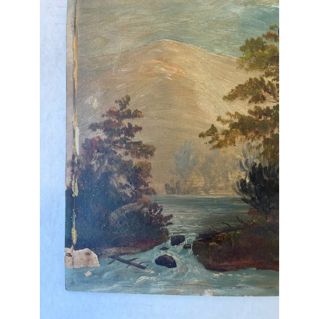 Likely 19th Century American Folk Landscape Painting on Artist's Board Featuring River, Forest, and Mountain Scene.. For Sale - Image 4 of 10