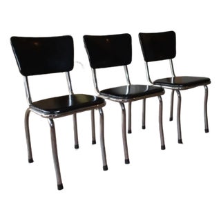 Set of 3 Vintage Chrome Kitchen Chairs Black Vinyl Mid Century Fixtures MFG For Sale