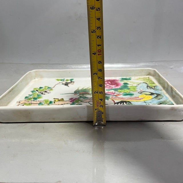 1970s Chinese Famille Rose Porcelain Rectangular Tray With Phoenix and Peonies For Sale - Image 4 of 9