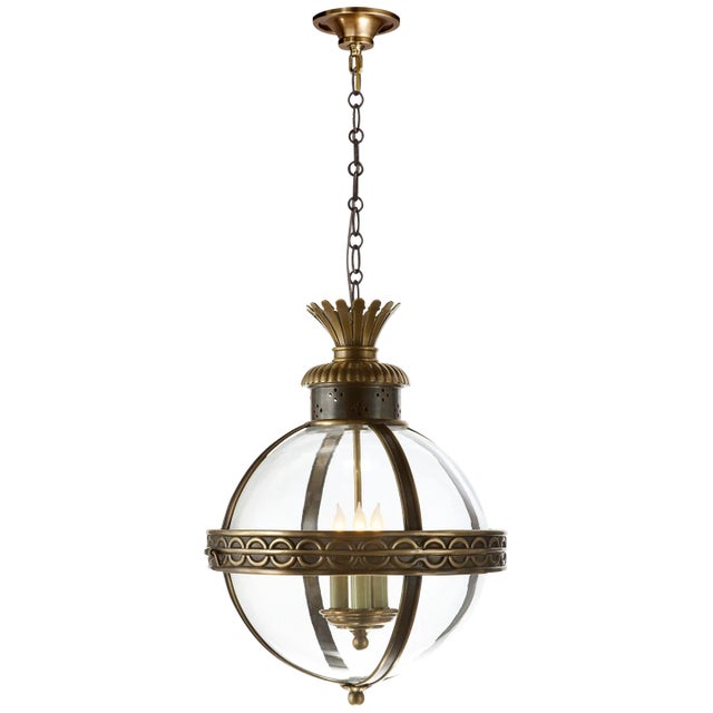 Chapman & Myers for Visual Comfort Signature Crown Top Banded Globe Lantern in Bronze & Antique-Burnished Brass with Clear Glass For Sale
