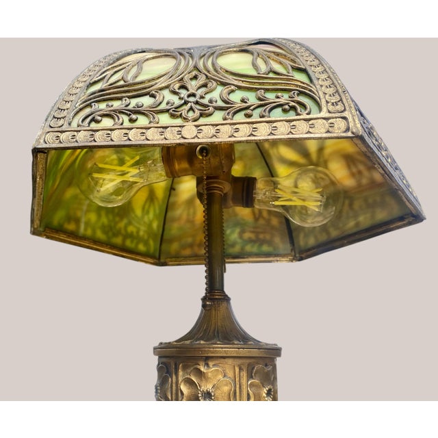 An Early 20th C Original Miller Table Lamp Dogwood Pattern Slag Glass Shade For Sale - Image 9 of 15