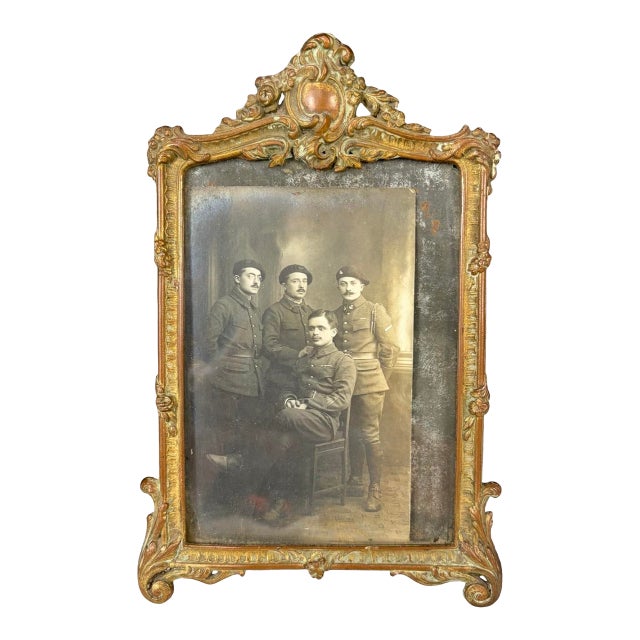 Antique French Ornate Gilt Metal Photo Frame With Original Military Portrait For Sale