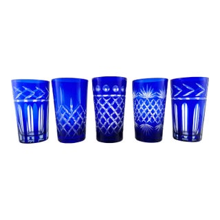 1960s Bohemian Czech Crystal Cobalt Blue Cut to Clear Highball Tumblers- Set of 5 For Sale