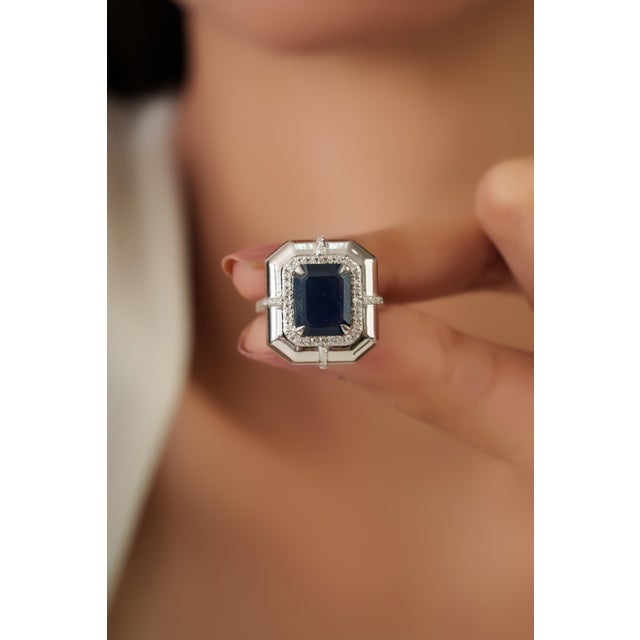 Navy Blue 3.63ct Emerald-Cut Blue Sapphire Diamond Victorian Ring in 18k White Gold Size 9 For Sale - Image 8 of 18