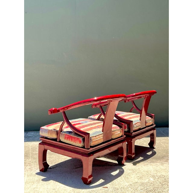 Red Vintage Candy Apple Lacquer Horseshoe Chairs After James Mont - A Pair For Sale - Image 8 of 12