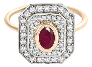 Art Deco Ruby Halo Diamond Ring in 14k Gold Size 7
