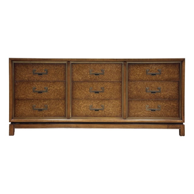 Vintage Founders Furniture Burl Wood Nine Drawer Lowboy Dresser For Sale