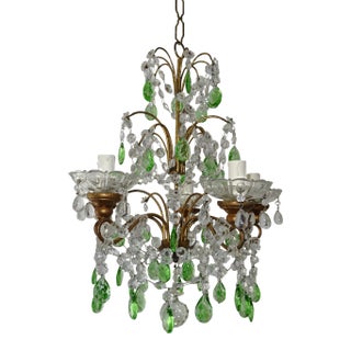 Italian Green Crystal Prisms Gold Gilt Wood Swags 4 Tier Chandelier, Circa 1920 For Sale