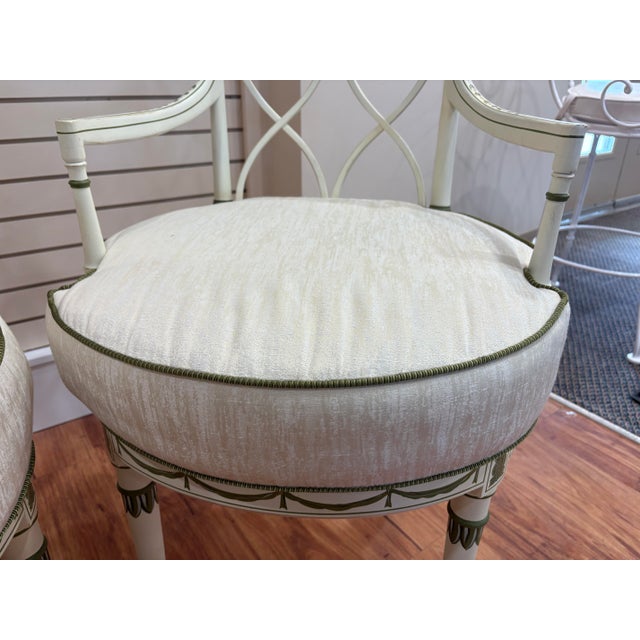 Pair of Painted Neoclassical Armchairs in Cream & Sage Green – Directoire Style Style For Sale - Image 4 of 9