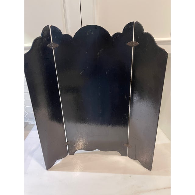 Black Late 19th Century Victorian Paper Mache Tri-Fold Screen With a Painting of a Dog Surrounded by Flowers For Sale - Image 8 of 9