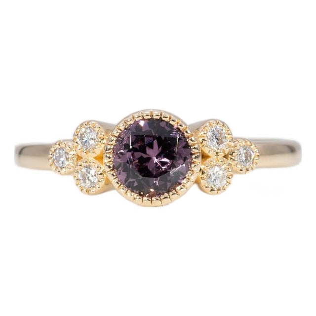 Purple Spinel Ring With Earth-Mined Diamond Accents: Solid 14k Gold, Round 4mm, Size 6.75 For Sale