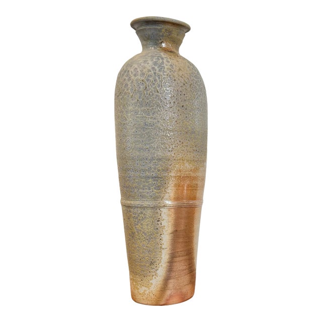 18” Signed Studio Pottery Sculptural Ceramic Vase in Neutral Sand & Stone Glaze For Sale
