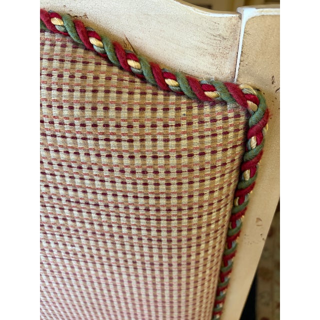 1990s Century Furniture Ladderback Arm Accent Chair in Distressed Ivory Finish, With Custom Upholstered Contrast Fabric and Decorative Welt Details. For Sale - Image 5 of 9