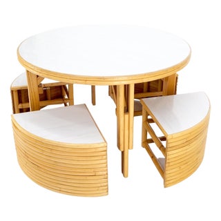 Hi-Lo Convertible Reed Coffee Dinette Game Table w/ Nesting Benches Stools Chair For Sale