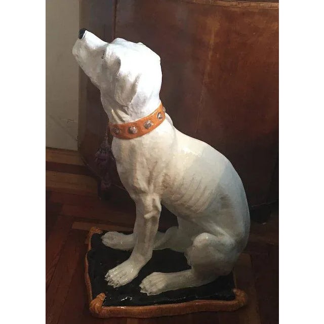 Large Hollywood Regency Glazed Terracotta Majolica Dog Statue For Sale - Image 4 of 13