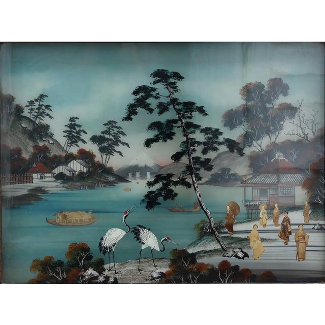 Antique Meiji Period Japanese Reverse Glass Painting - Mother of Pearl Inlay - Cranes at Mt. Fuji - c. 1890 Anchor your...