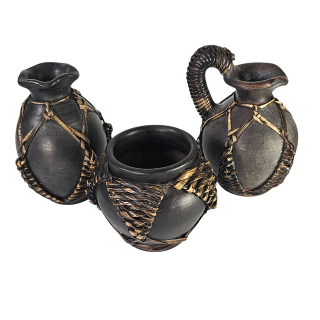 Rustic Vintage Earthenware & Wicker Wrapped Vessels – Set of 3 For Sale - Image 3 of 8