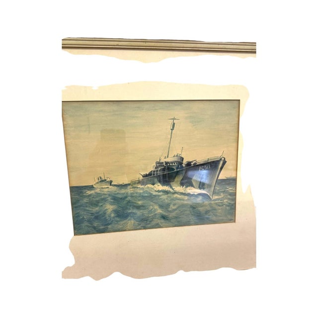 Wood Original Wwii Us Navy Pc-571 Submarine Chaser Gouache Painting – Vintage Framed Maritime Military Art. For Sale - Image 7 of 8