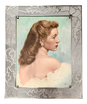 1950s Hollywood Regency Portrait Painting, Framed in Sterling Overlay Frame.