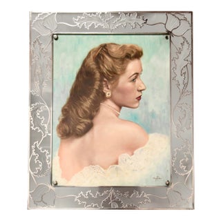 Mid 20th Century Hollywood Regency Portrait Painting, Framed in Sterling Overlay Frame. For Sale