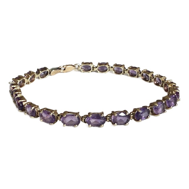 Vintage 1980s 10k Yellow Gold Amethyst Tennis Bracelet For Sale
