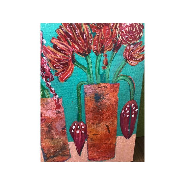 Artwork Title: Vessels of Offering An original abstract floral vase painting on an 8x8 canvas panel, featuring three...