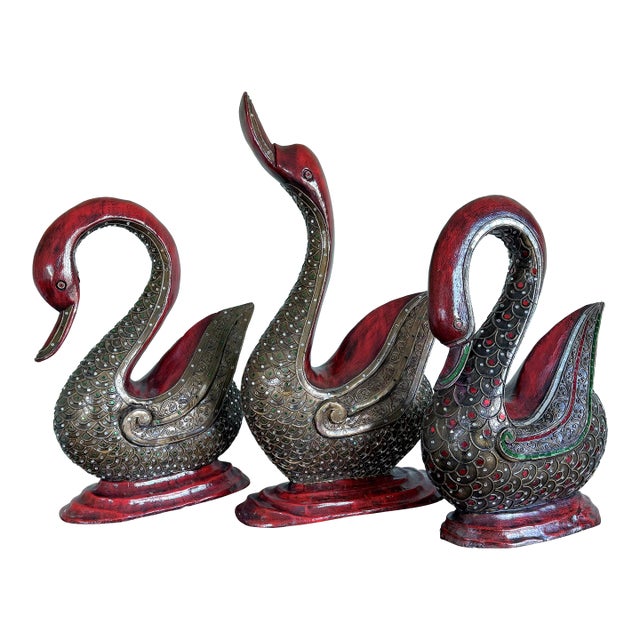 Three Large Asian Wood Carved Duck Statues With Mirror Inlay For Sale