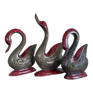 Three Large Asian Wood Carved Duck Statues With Mirror Inlay