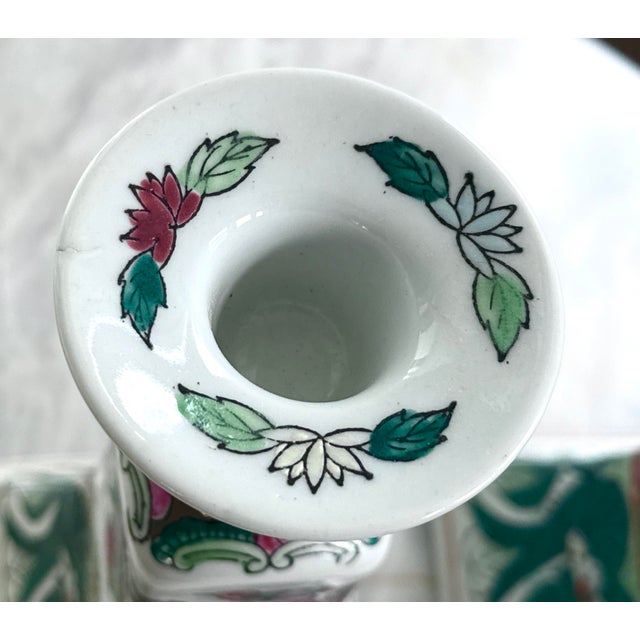 Vintage Chinese Famille Verte Bok Choy Porcelain Candlestick Holders - A Pair For Sale - Image 14 of 14