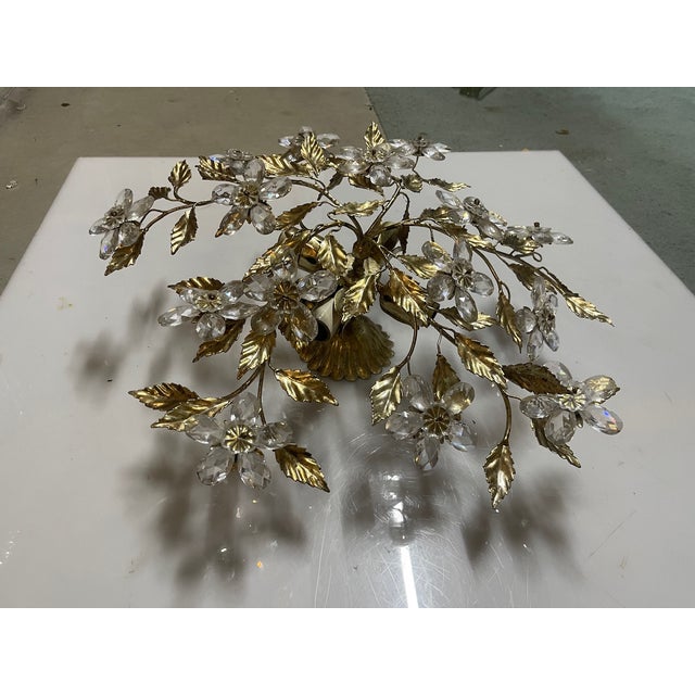 Gilded Tole Crystal Flower Flush Mount, 1970s For Sale - Image 3 of 12