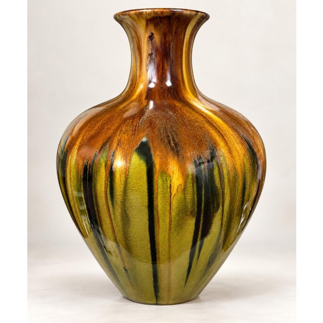 Late 20th Century Vintage Italian Drip-Glaze Ceramic Vase | Brown, Olive & Gold For Sale - Image 5 of 8
