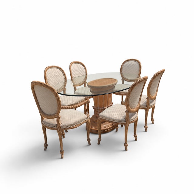 Vintage Carved Wood Oval Glass Dining Set With Six Upholstered Chairs For Sale - Image 4 of 18