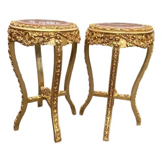 1980s French Louis XVI Gold Beech Marble Side Tables - Pair of 2 Pc For Sale