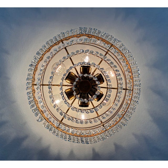 French 1960s Vintage French Crown Style Flush Mount Brass Chandelier With Soft Blue Crystals⁠ For Sale - Image 3 of 17