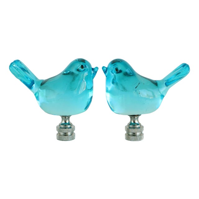 Glass Bluebird Lamp Finials on Chrome Hardware - A Pair For Sale