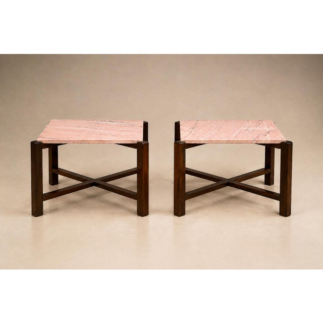 Pair of Brazilian Modern Side Tables in Rosewood and Pink Granite, Brazil, 1960s For Sale - Image 4 of 18