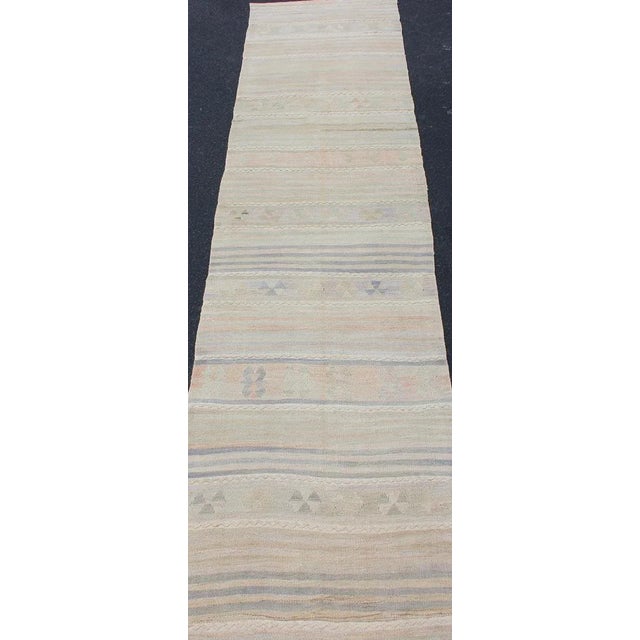 Mid 20th Century Vintage Turkish Kilim Runner With Soft Stripes and Modern Design in Muted Colors For Sale In Atlanta - Image 6 of 12