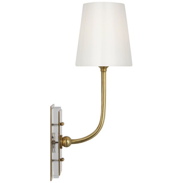Metal Thomas O'Brien for Visual Comfort Signature Hulton 17" Cordless Single Sconce in Hand-Rubbed Antique Brass with White Glass Shade For Sale - Image 7 of 14