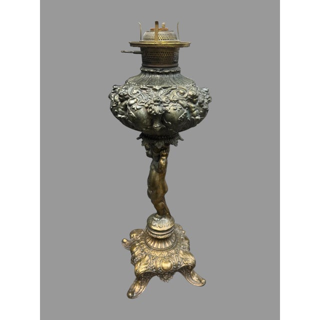 Mid 20th Century Vintage Embossed Metal Parlor Table Lamp With Figural Cherub Cupid Base For Sale - Image 5 of 10