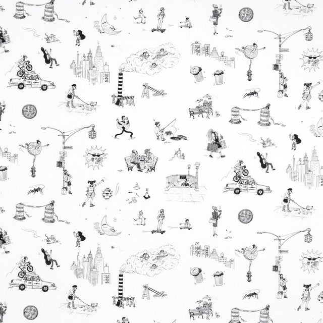 SAMPLE - Schumacher x The New Yorker Joana Avillez's Street Scenes Fabric In Black & White For Sale