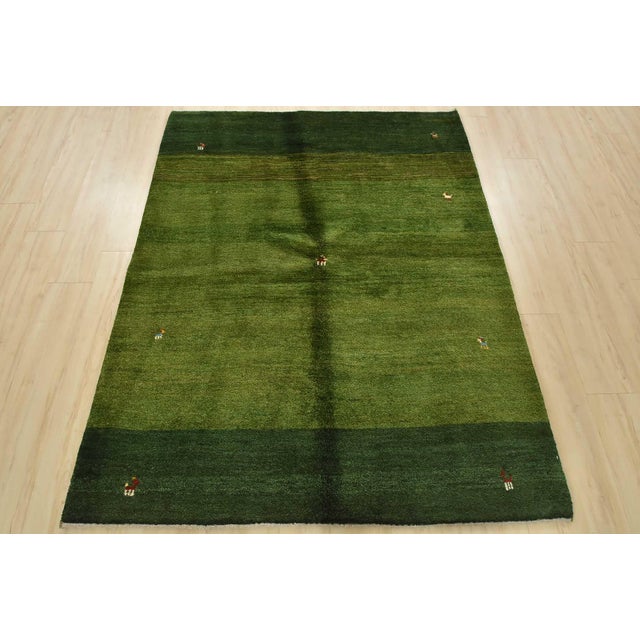 Contemporary Gabbeh Rug 5’1” X 6’6” Green Wool Vintage Tribal Hand-Knotted Carpet For Sale - Image 3 of 13