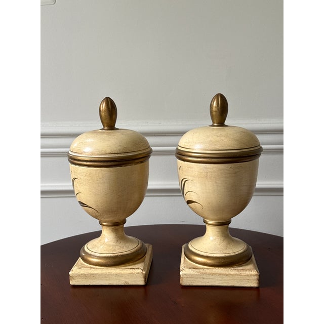Hand Painted Italian Lidded Urn Jars- A Pair For Sale - Image 4 of 12