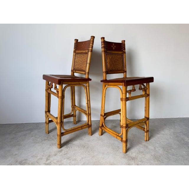 Coastal Vintage Coastal Organic Bamboo & Rattan With Leather Wrapped Bar Stools - A Pair For Sale - Image 3 of 13