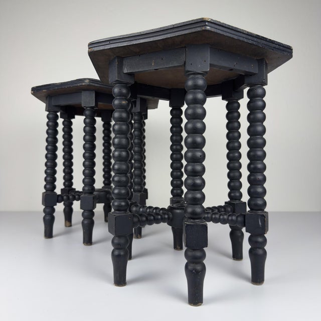 Baroque Small Antique Early 20th Century Hexagonal Walnut Side Tables with Turned Bobbin Legs, Italy, Set of 2 For Sale - Image 3 of 18