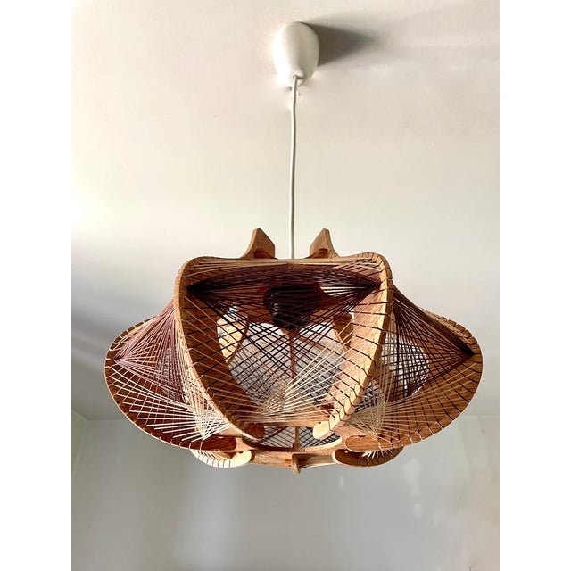 Beige Scandinavian Pendant Light in Wood and Stretched Wire, 1970 For Sale - Image 8 of 12