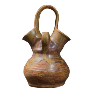Vintage Mid Century Handled Double Spouted Glazed Ceramic Vessel, Signed For Sale