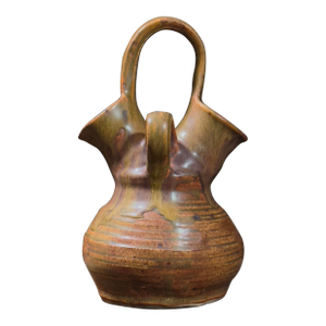 Vintage Mid Century Handled Double Spouted Glazed Ceramic Vessel, Signed